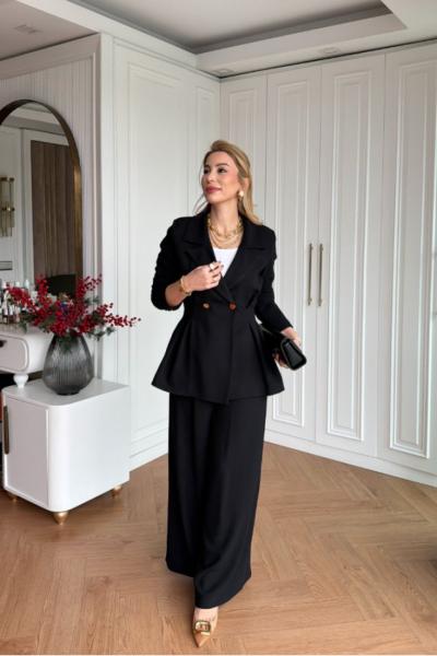 Çiçek Pantolonlu Takım Siyah