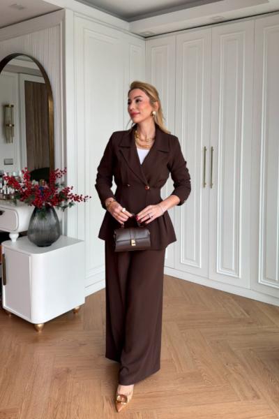 Çiçek Pantolonlu Takım Acı Kahve