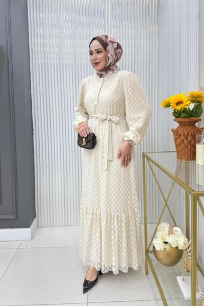 Gökçe Dantel Elbise Krem