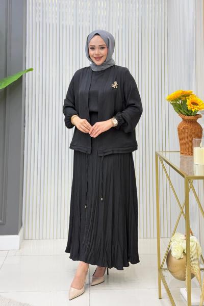 Jakar Cupra 3’lü Nehir Etekli Tesettür Takım Siyah