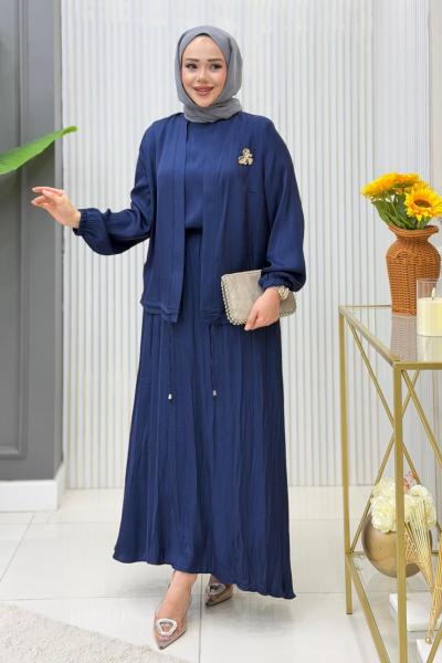 Jakar Cupra 3’lü Nehir Etekli Tesettür Takım Lacivert