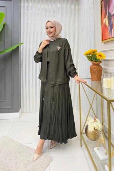 Jakar Cupra 3’lü Nehir Etekli Tesettür Takım Haki