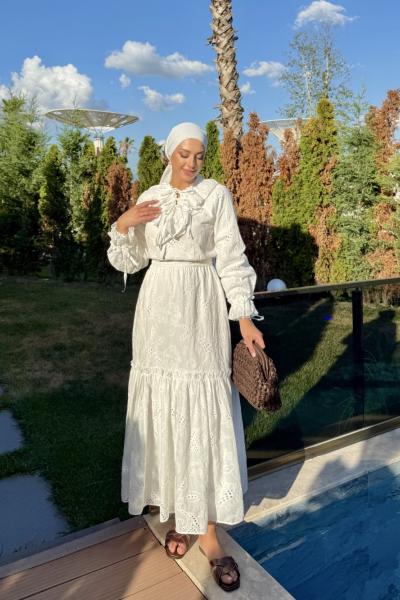 Azime Elbise Beyaz Beyaz