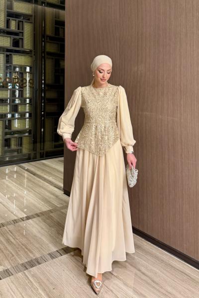 Belgin Elbise Krem Krem