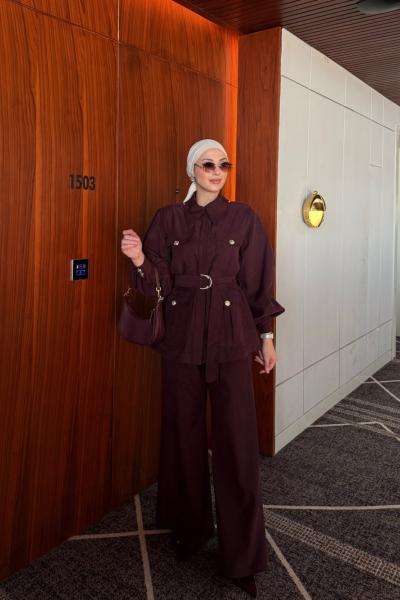 Emine Pantolonlu Takım Bordo Bordo
