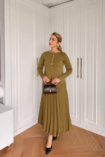 Huri Çelik Örme Etekli Takım Yağ Yeşili 