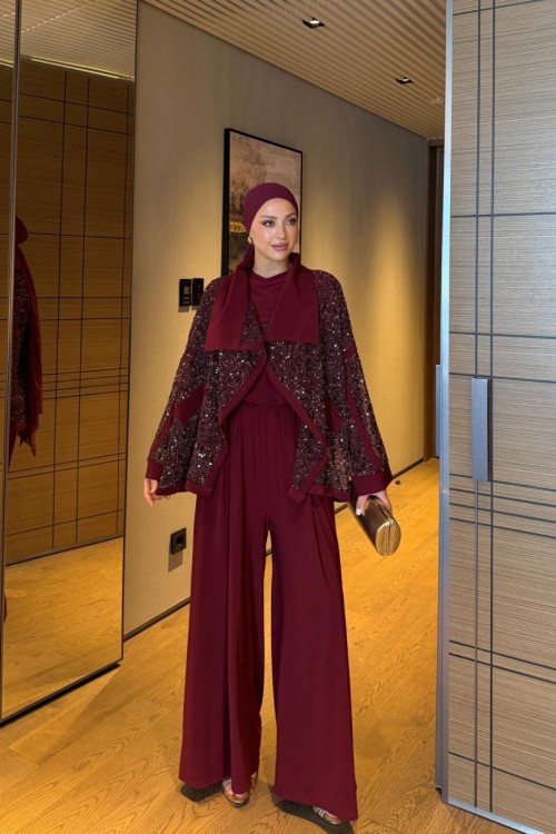 Neziha Pantolonlu Takım Bordo BORDO