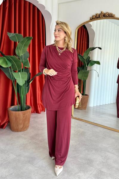 Selen Pantolonlu Takım Bordo Bordo