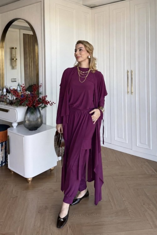 Zarife  Üçlü Pantolon Takım Mürdüm MÜRDÜM