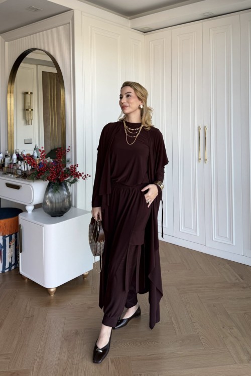 Zarife Üçlü Pantolon Takım Acı Kahve Acı Kahve