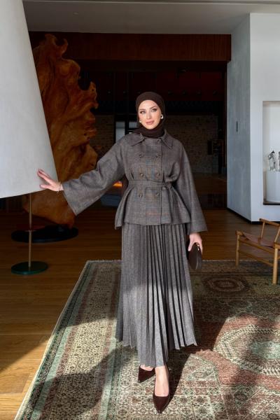 Zübeyde Acı Kahve Etekli Takım  Kahverengi