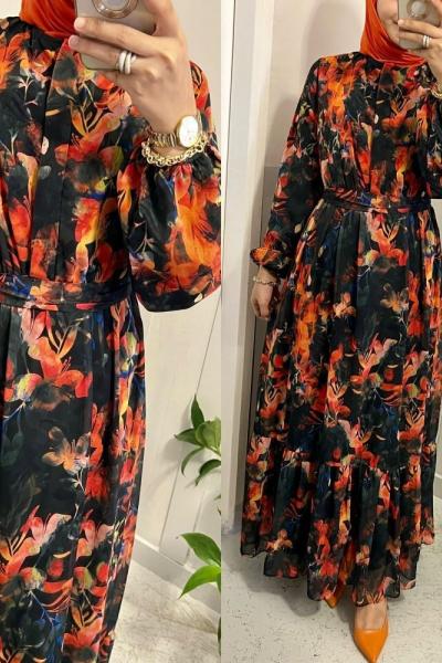 Yaprak Astarlı Şifon Elbise