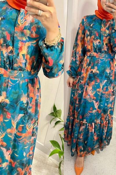 Yaprak Astarlı Şifon Elbise