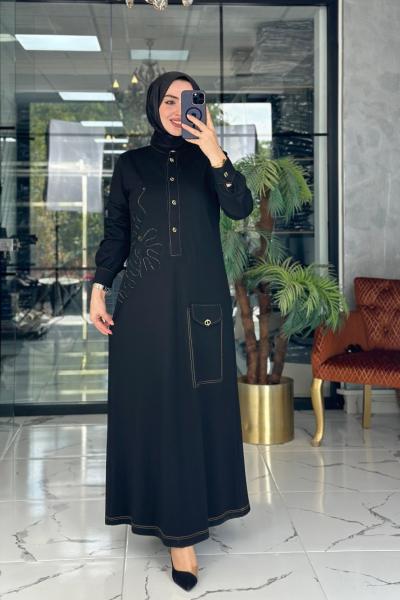 Kabartma Desenli Elbise Siyah Siyah