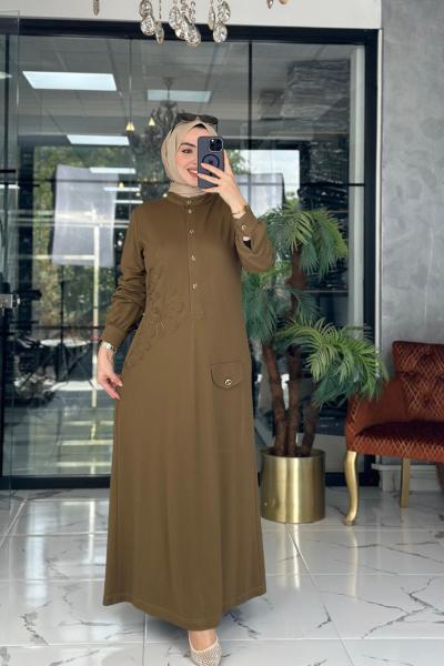 Kabartma Desenli Elbise Haki Haki