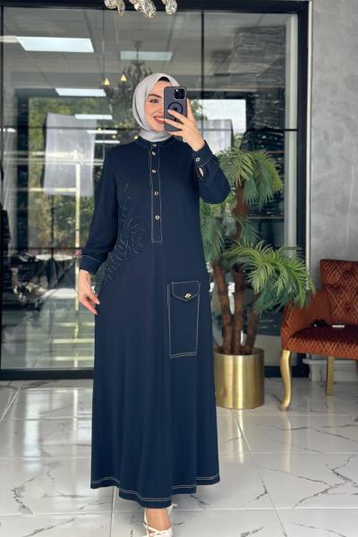 Kabartma Desenli Elbise Lacivert Lacivert