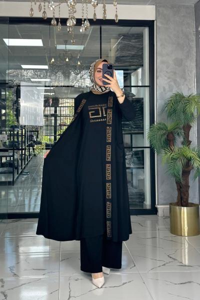 Liyan 3'lü Yelekli Tesettür Takım Siyah 