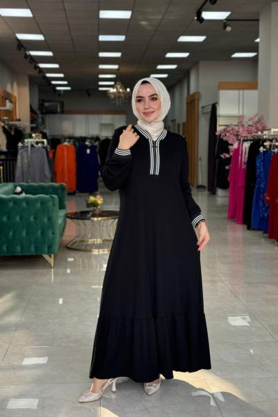 Name Yaka Biyeli Elbise-Siyah Siyah