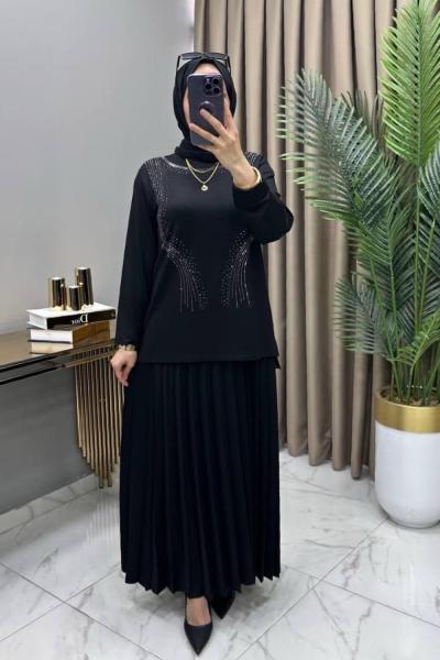 Alya Taşlı Takım Siyah Siyah