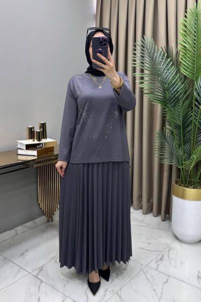 Alya Taşlı Takım Gri Gri