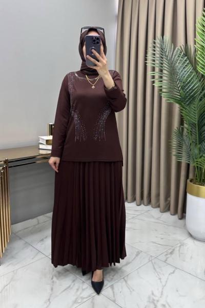 Alya Taşlı Takım Kahve Kahverengi