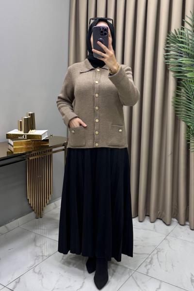 Ayla Çelik Örme Triko Hırka Vizon Vizon