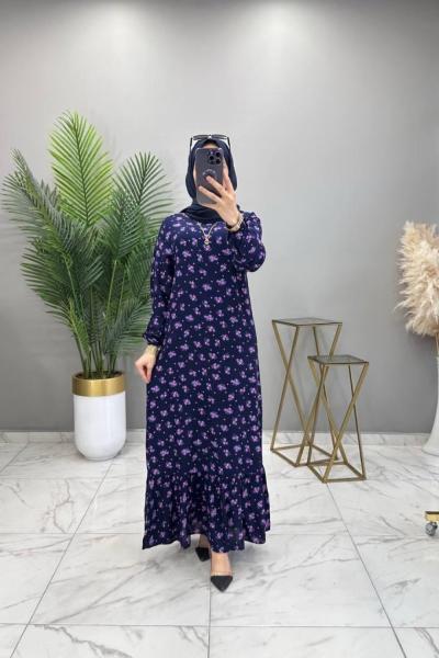 Çiçek Elbise Petrol Lacivert Lacivert