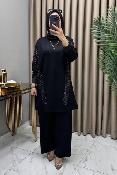 Hanımeli Taşlı Takım Siyah Siyah