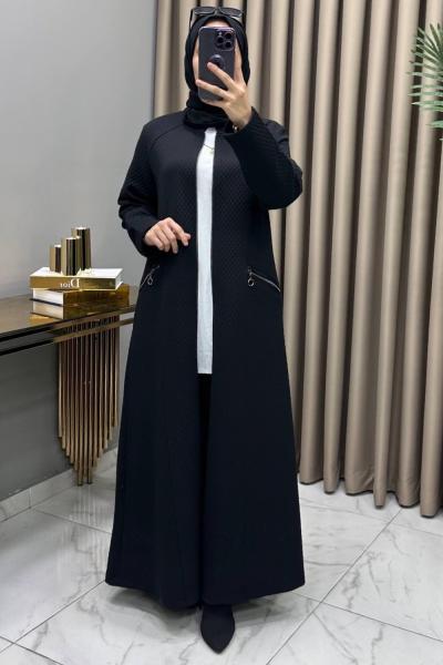 İkbal Yün Kapitone Ferace Kaban Siyah Siyah