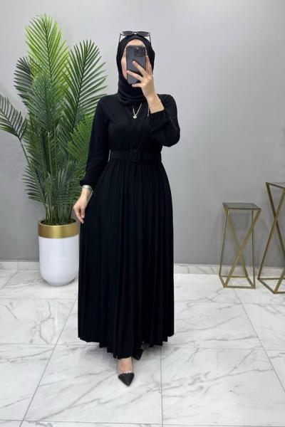 Kemerli Elbise Siyah Siyah