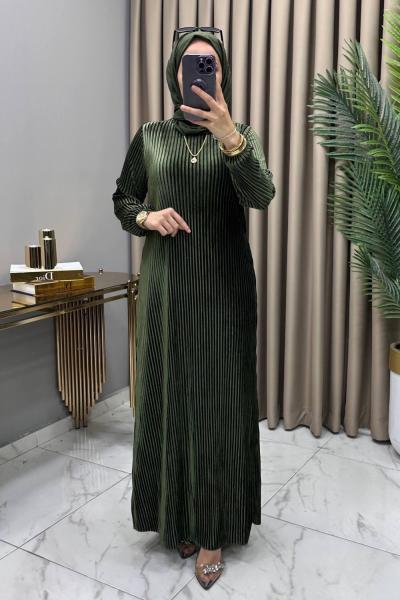 Multi Piliseli Kadife Elbise Haki Haki