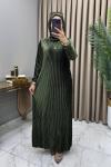Multi Piliseli Kadife Elbise Haki Haki