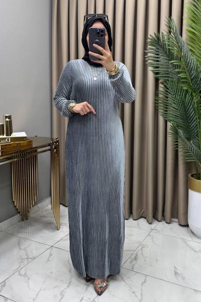 Multi Piliseli Kadife Elbise Gri Gri