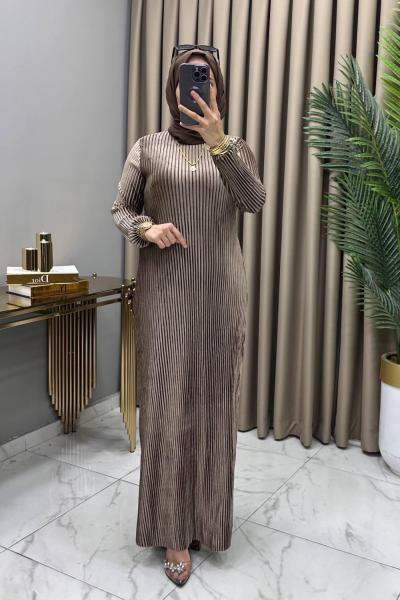 Multi Piliseli Kadife Elbise Kahve Kahverengi