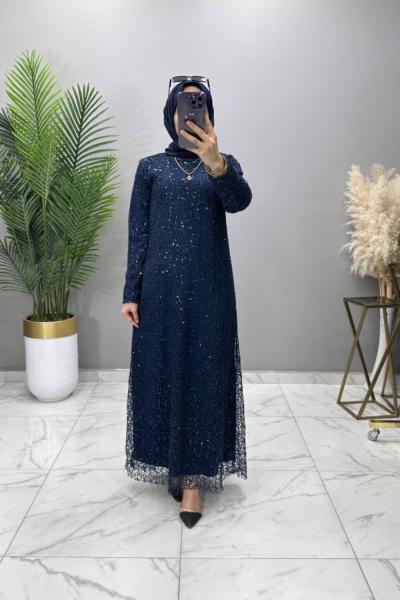 Pullu Abiye Elbise Lacivert Lacivert