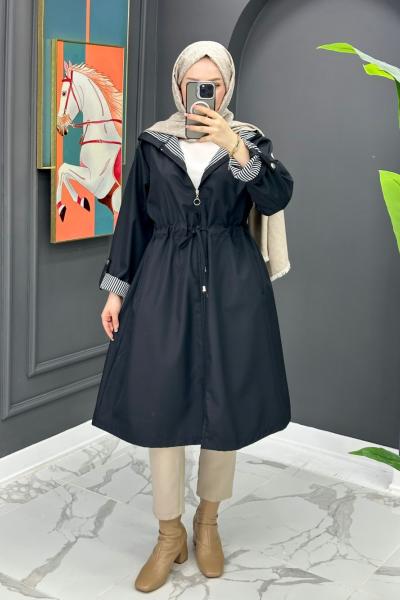 Çizgi Detaylı Trench - Siyah Siyah