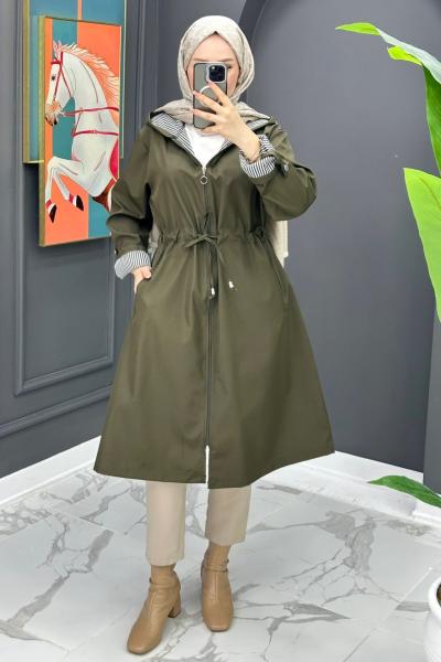 Çizgi Detaylı Trench - Haki Haki