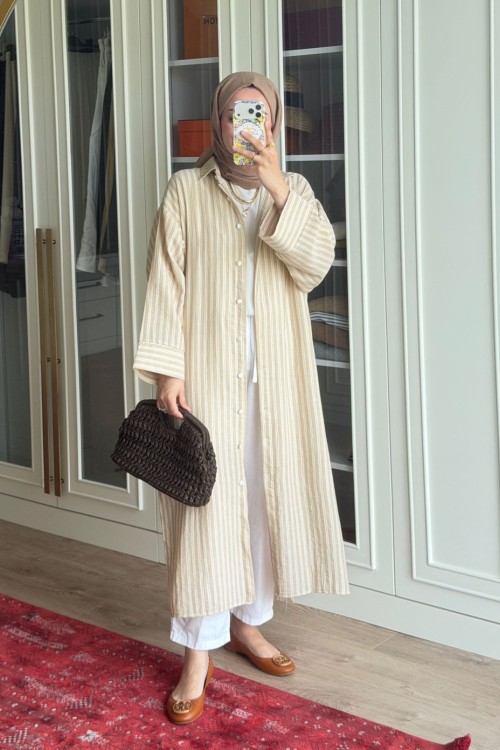 Çizgili Tunik Kap-Bej Bej