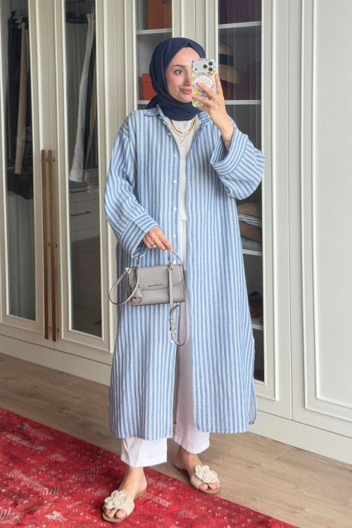 Çizgili Tunik Kap-Mavi Mavi