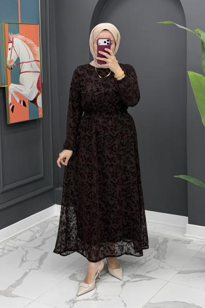 Dantel detaylı elbise- Kahve Kahverengi