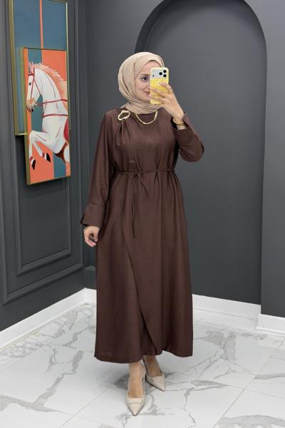 Dilşah Tokalı Elbise - kahve  Kahverengi