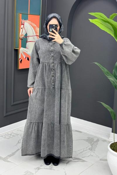 Düğmeli Kot Elbise - Siyah  Siyah