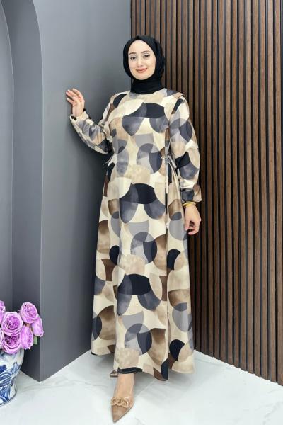 Geometrik Desen Elbise - Siyah Siyah