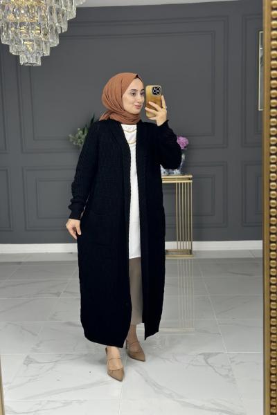 Hane uzun triko hırka - siyah Siyah