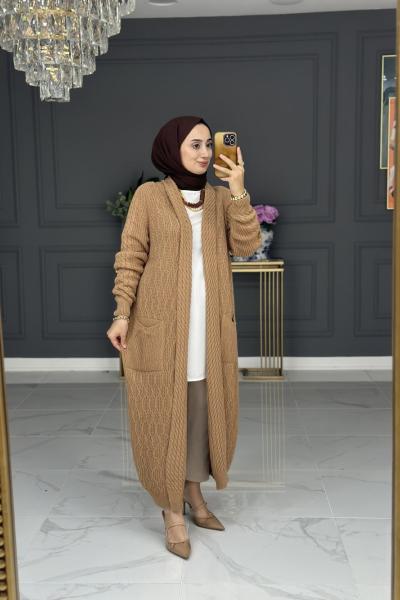 Hane uzun triko hırka - camel Camel
