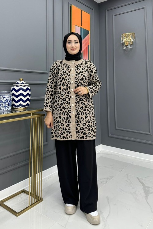 Leopar Desenli Hırka - Vizon Vizon