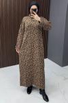 Leopar Desenli Triko Elbise - Camel Camel