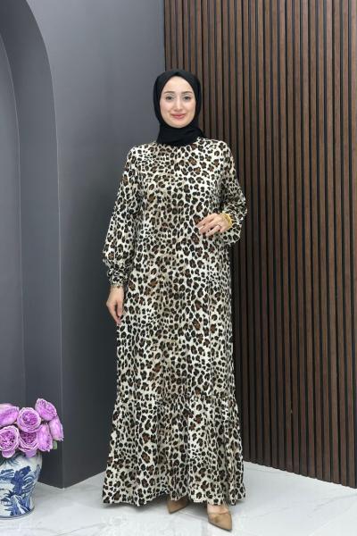 Leopar Desenli Elbise - Krem  Krem