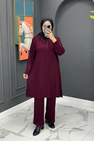 Liva Taşlı Takım - Bordo Bordo