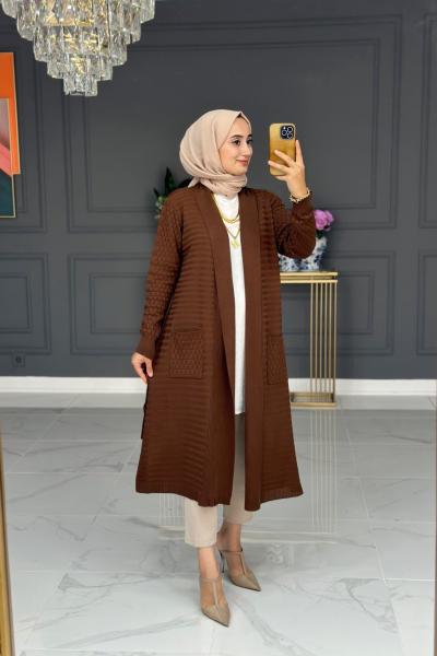 Nefes Uzun Triko Hırka - Kahve Kahverengi